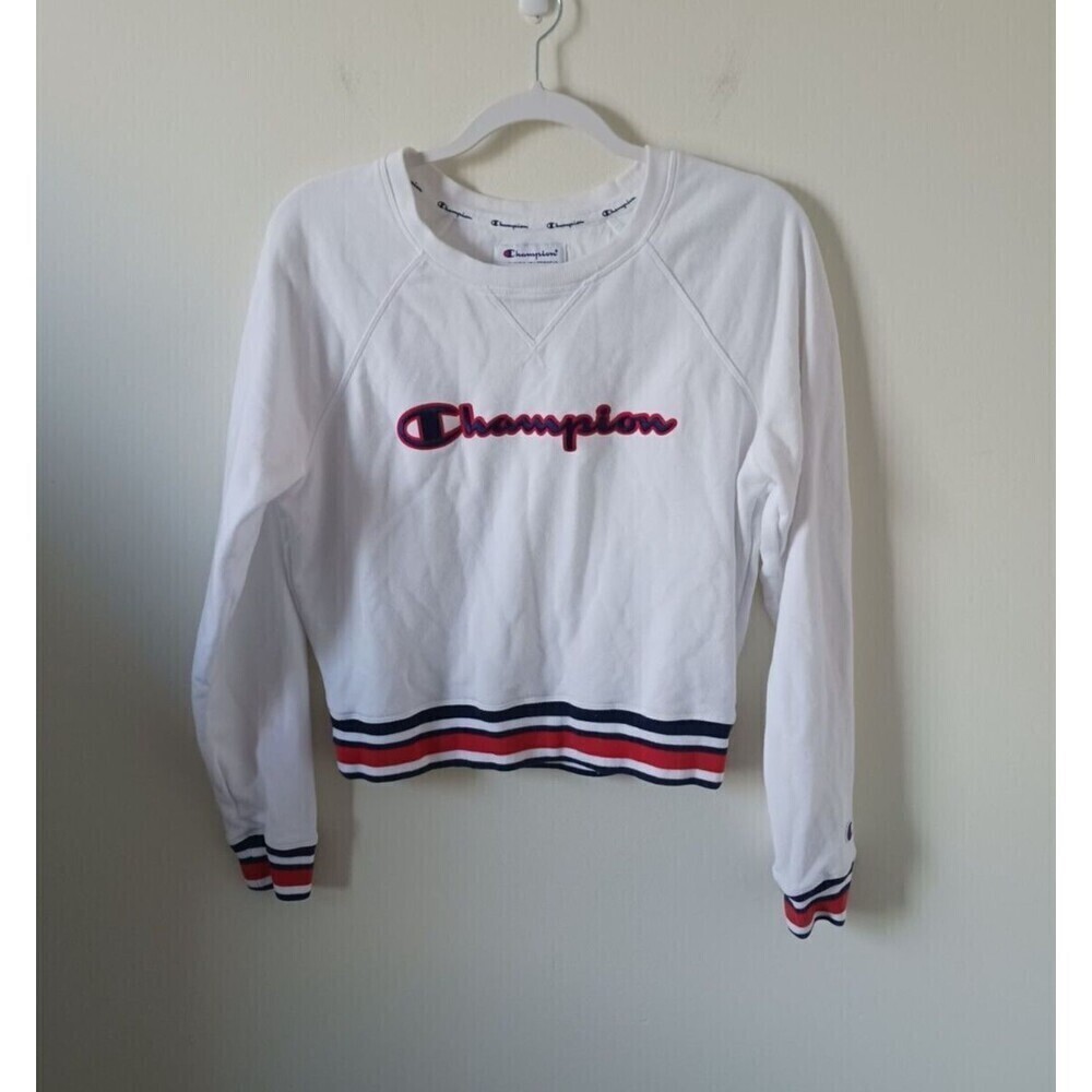 Champion Reverse Weave Girls Crewneck Sweatshirt White Blue Striped Size S